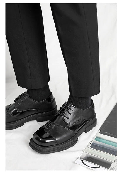 Men Genuine Leather Derby Shoes Vintage Square Toe Male Lace Up Platform Dress Shoes Black Business Footwear Wedding Shoes
