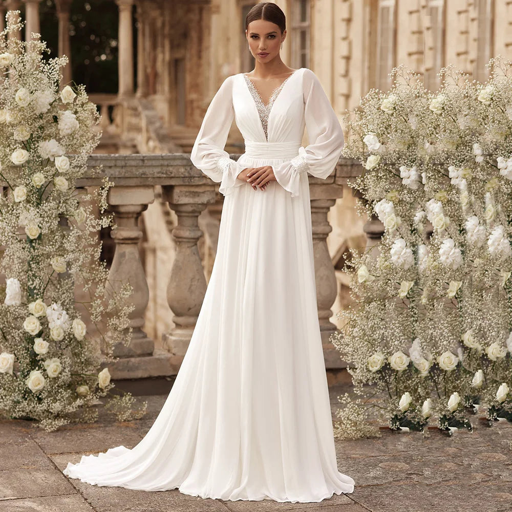 Romantic Wedding Dresses for Woman Bride Customized Puff Sleeves V Neck Beading Sequined Sweep Train Chiffon Bridal Gown