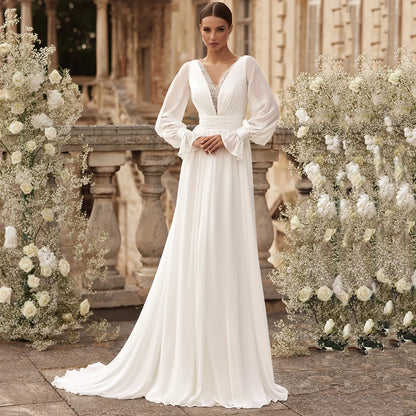 Romantic Wedding Dresses for Woman Bride Customized Puff Sleeves V Neck Beading Sequined Sweep Train Chiffon Bridal Gown