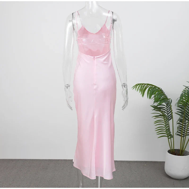Yellow Satin Sling Dress Women Elegant V Neck Sleeveless Backless High Waist Maxi Dresses 2025 Summer Lady Party Evening Robes