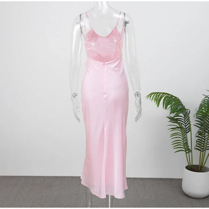 Yellow Satin Sling Dress Women Elegant V Neck Sleeveless Backless High Waist Maxi Dresses 2025 Summer Lady Party Evening Robes