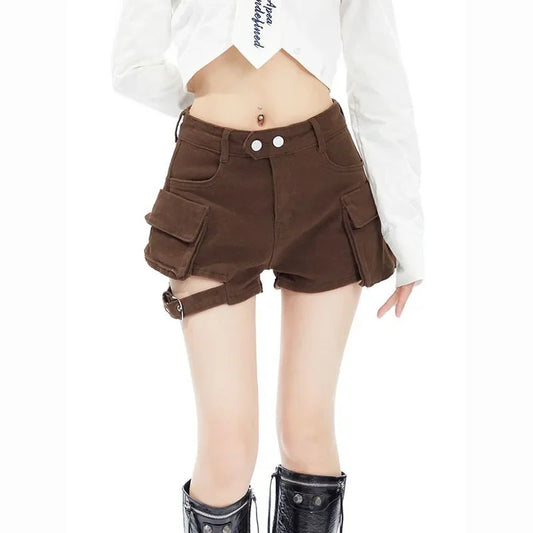 Women Brown Y2k Cargo Denim Shorts 2000s High Waist Wide Shorts Korean Harajuku 90s Vintage Baggy Jean Short Pants Clothes