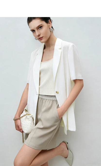 Women's Blazer 2026 Summer New Notched Lapel Chiffon Splicing Short Sleeve Jacket Women's Single Button Casual Top 12622126