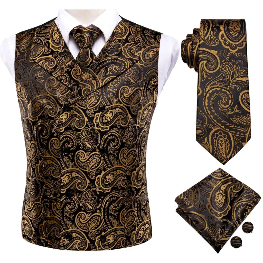 Jacquard Mens Suit Vests Gold Solid Plain 4PC Waistcoat Tie Hanky Cufflinks Set Business Wedding Dress Waist Jacket