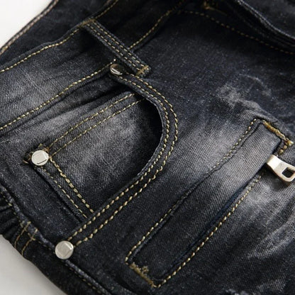 Zipper Pocket Retro Nostalgic Jeans Men's New Style High Street Motorcycle Fashion Stretch Slim Straight Denim Trousers Male