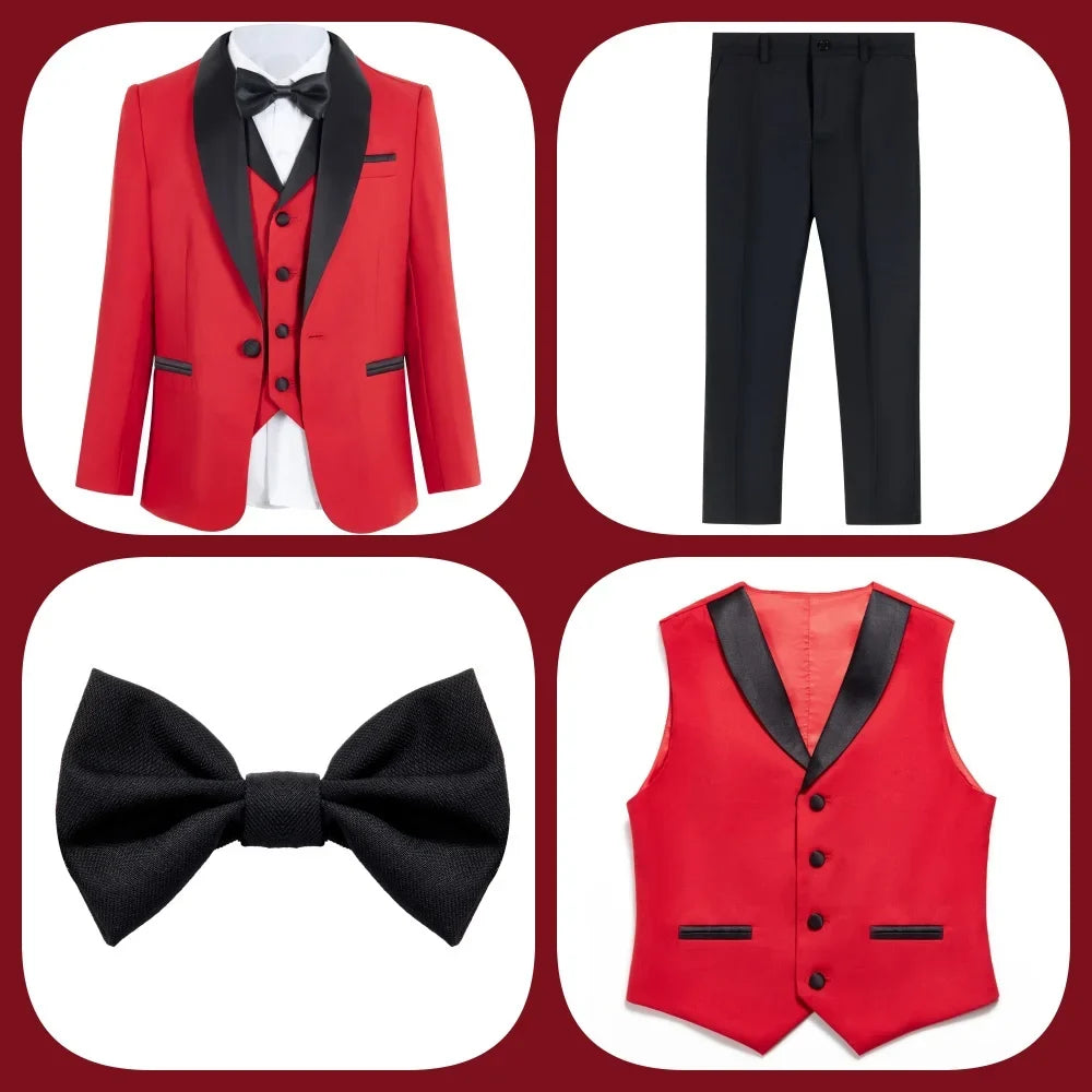 Vibrant Contrast Lapel Boy's Suit Bold Red & Black For Boys 4-Piece Suit Sleek Formal Ring Boys Includes Blazer Vest Pants