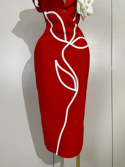 Sexy Off Shoulder White Flower Black Red Bodycon Bandage Long Dress Women Luxury Celebrity Evening Club Elegant Party Gowns