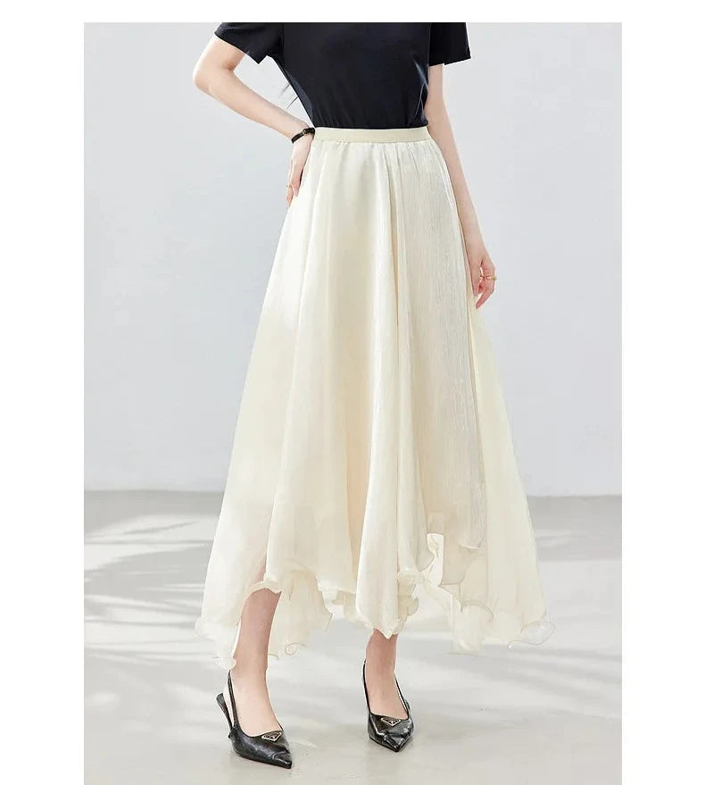 French A-line Shimmer Skirt for Women 2026 Summer New Fashion Irregular Ruffle Hem Elegant Office Maxi Skirt Bottoms 30813