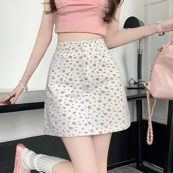 Floral Skirts Women Denim Mini A-line Sweet High Waist Korean Fashion Age-reducing Summer Lovely Girls Tender Temperament Ins