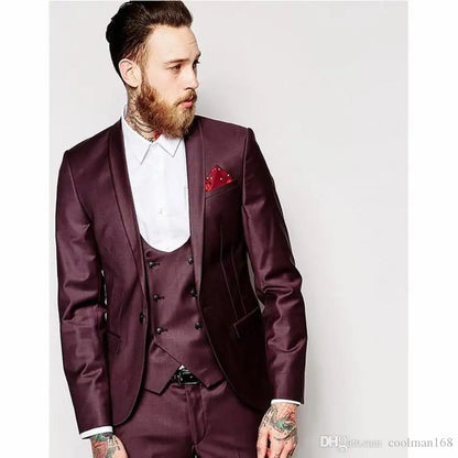 Handsome White Groom Tuxedos Shawl Lapel Groomsmen Men Wedding Dress Fashion Man Jacket Blazer 3 Piece Suits (Jacket+Pants+Vest)