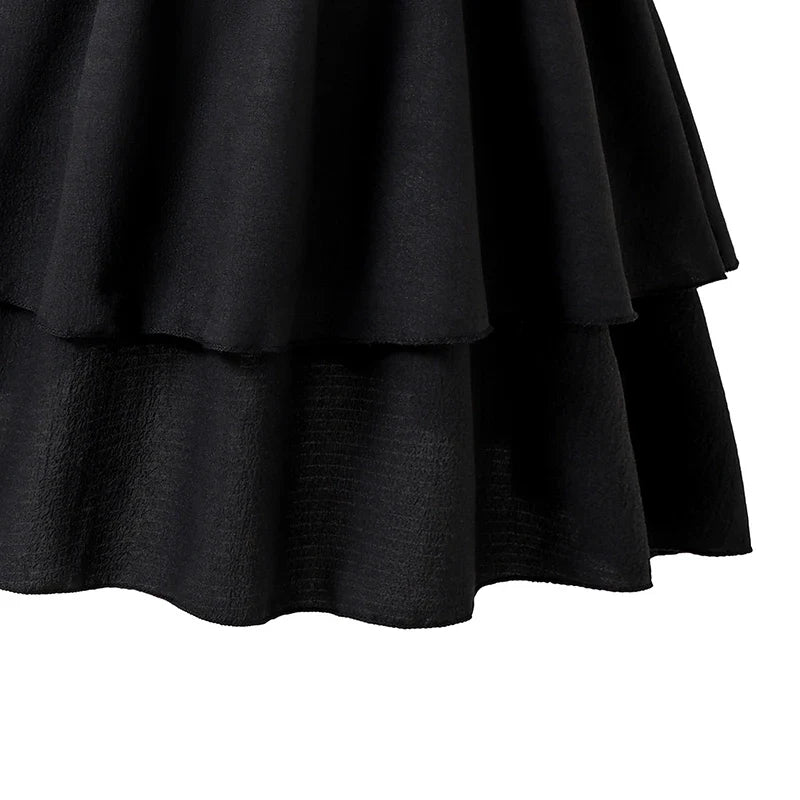 Kids Dress For Girls Black Solid Color Sling Short Sleeve Ruched Tiered Dress 8-12 Years Summer Frenchy Simple Style Elegant