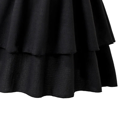 Kids Dress For Girls Black Solid Color Sling Short Sleeve Ruched Tiered Dress 8-12 Years Summer Frenchy Simple Style Elegant