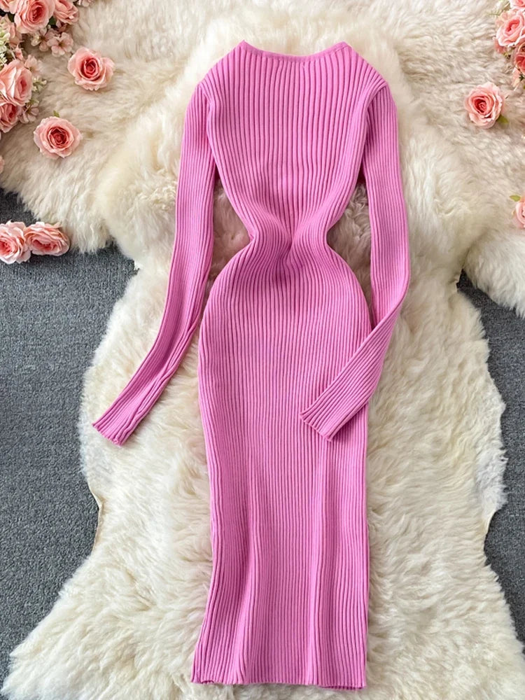 Autumn Winter 2025 Women Dress Elegant Cross V-neck Slim Waist Knitted Bodycon Dress Korean Office Lady Vestidos