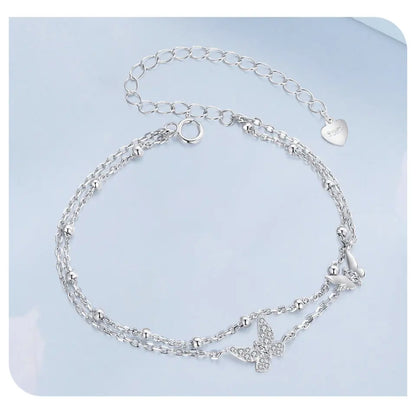Womens Double-Layer Butterfly Bracelet 925 Sterling Silver CZ Layered Bracelet Dainty Beaded Chain Adjustable 5.9"+2.3"