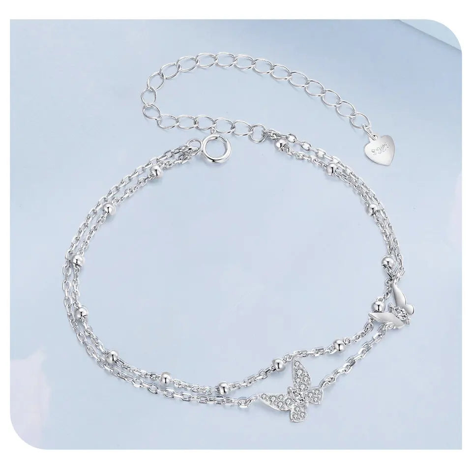 Double-Layer Butterfly Bracelet 925 Sterling Silver Adjustable CZ Layered Beads Wrist Chain Dainty Party Gift for Women