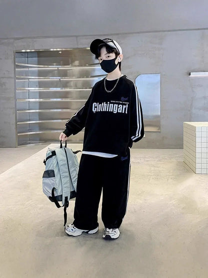 Spring Autumn Boys Loose Alphabet Pullover Sweatshirt+Sweatpant Work Set School Kid 2PCS Tracksuit Children Jogger Outfit 5-16Yr