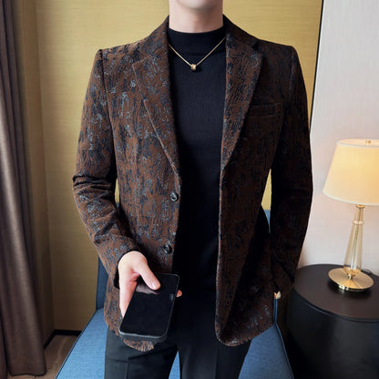 High Quality Plush Jacquard fashion Suit Jacket  Korean Version Slim Fit Business Retro Casual Social Wedding Suit Blazer 5XL-M