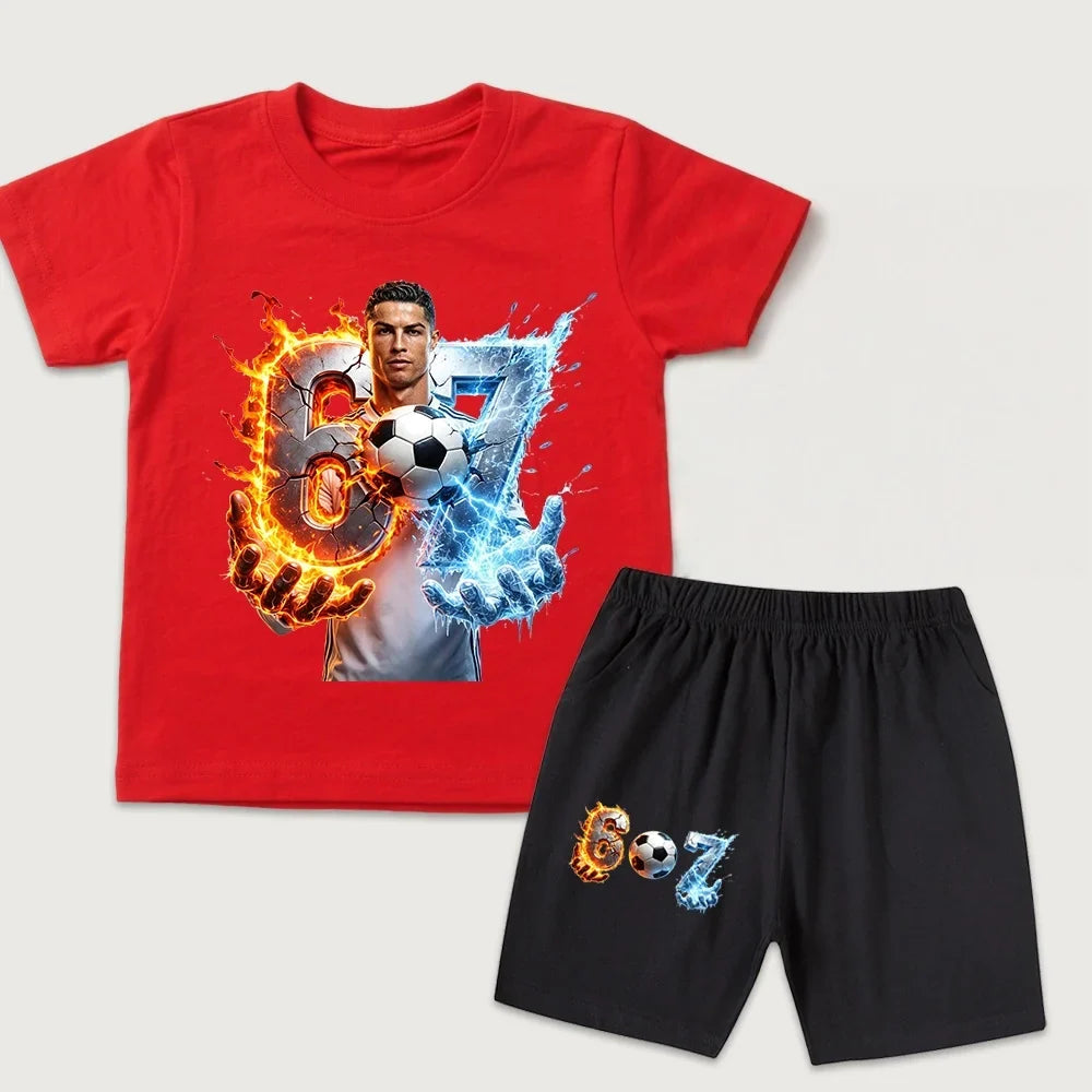 New Arrival CR7 Ronaldo 67 Print Kids Cotton T Shirt Short Sleeve Casual Top Set for Boys Girls
