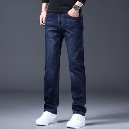 Classic Straight Men's Jeans Spring Slightly Thick Elastic Casual Office Business Trousers Fashion Comfort Washed Denim Pants