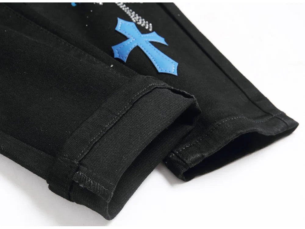 Men Crystal Cross Stretch Denim Jeans Holes Ripped Distressed Black Pants Embroidery Slim Tapered Trousers