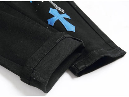 Men Crystal Cross Stretch Denim Jeans Holes Ripped Distressed Black Pants Embroidery Slim Tapered Trousers