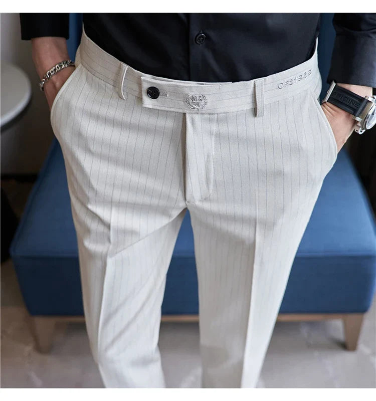 New Korean Style Fashion Striped Embroidery Suit Pants Men's Business Slim Casual Straight Pants Formal Wedding Party Trousers
