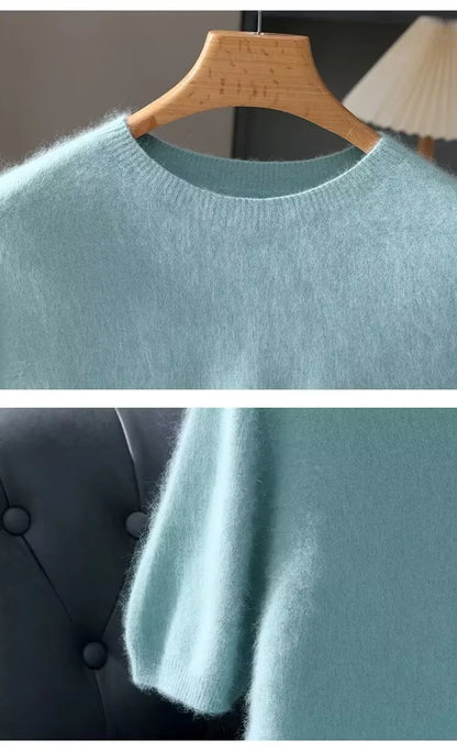 100% Mink Cashmere Knitted Short Sleeved Men's Loose Round Neck Solid Color Half Sleeved Simple T-Shirt Casual Business Cashmere