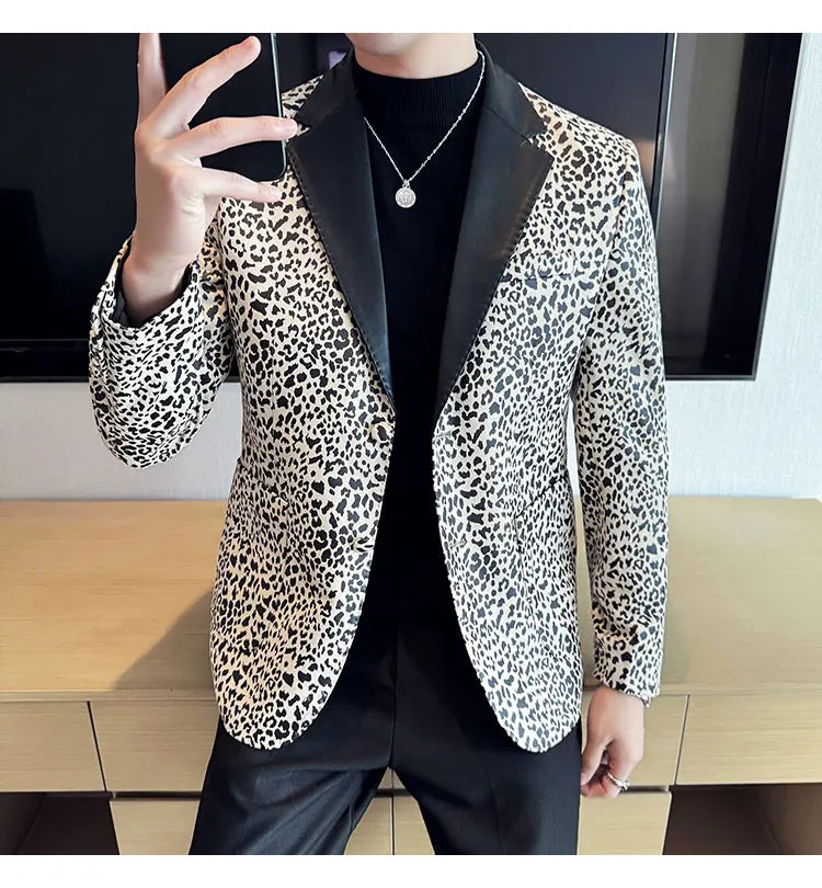 Splicing Leather Neck Casual Suit Jacket Fashion Leopard Men's Business Slim Fit Social Formal Blazers Wedding Groom Tuxedos