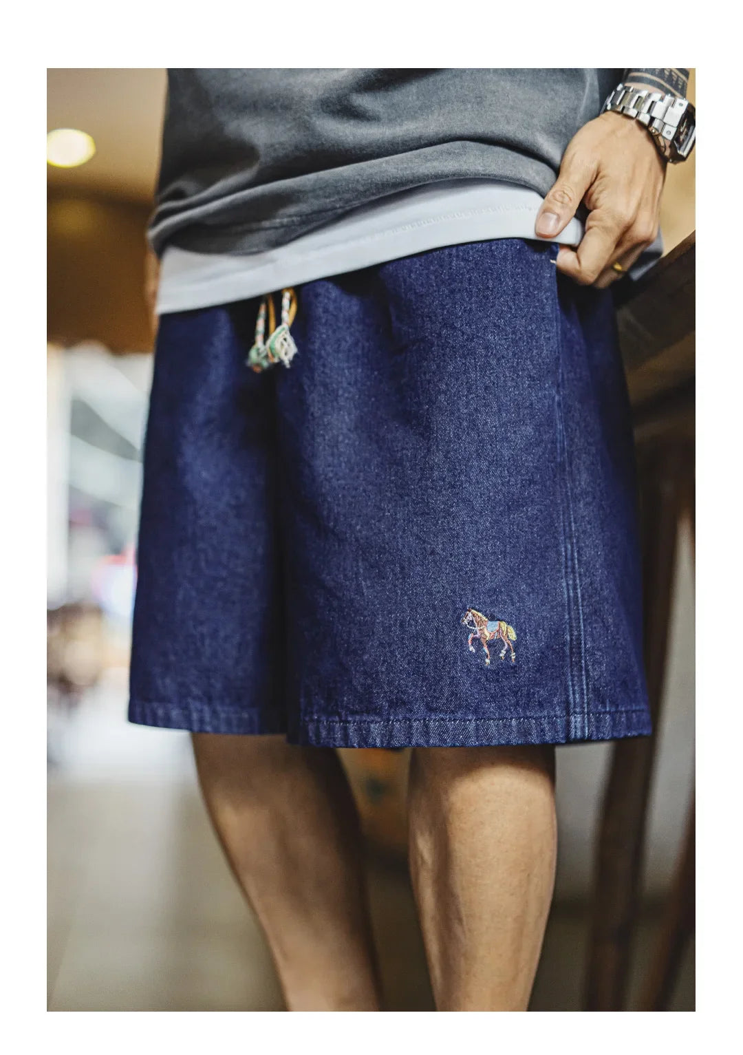 Men's Washed Denim Blue Jean Shorts American Retro Workwear Embroidered Straight Five Inch Thin Casual Summer Bottoms