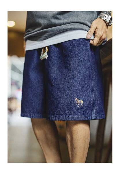 Men's Washed Denim Blue Jean Shorts American Retro Workwear Embroidered Straight Five Inch Thin Casual Summer Bottoms