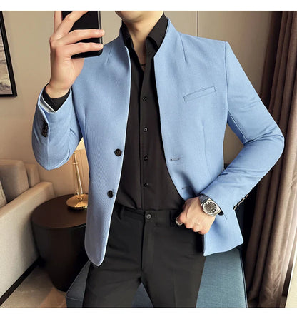 Waffle New Chinese Stand-Up Collar Suit Coats Men Slim Fit Business Casual Fashion Suits Jacket Formal Social Prom Party Tuxedos