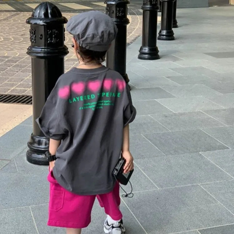 Cotton Heart Print Boys Short Sleeve T-Shirt Summer Toddler Loose Fit Baby Handsome 3-6 Years Top