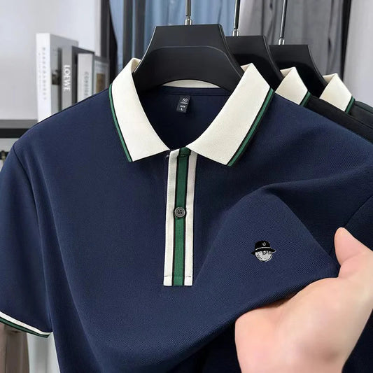 High Quality Man Short-Sleeved Polo Shirt Lapel Button Color Blocking Pattern Printing New T-Shirt Business Casual Men'sClothing