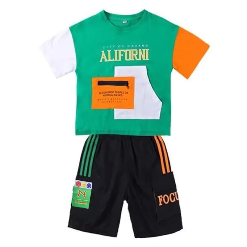 Summer Boys Clothes Sets Teenager Casual Outfits Kids Print T-shirt +Shorts 2Pcs Children Short Sleeve Tracksuit Suits 5-12 Year