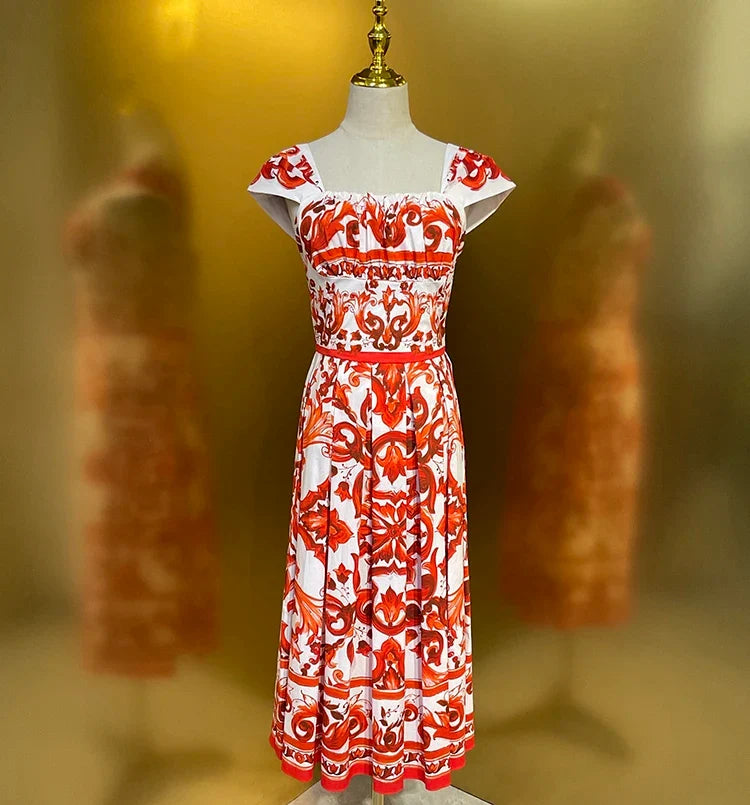 2026 Summer Women's New Fashionable Square Neck Short Sleeve Cotton Printed Waist cinching Mid length Dress