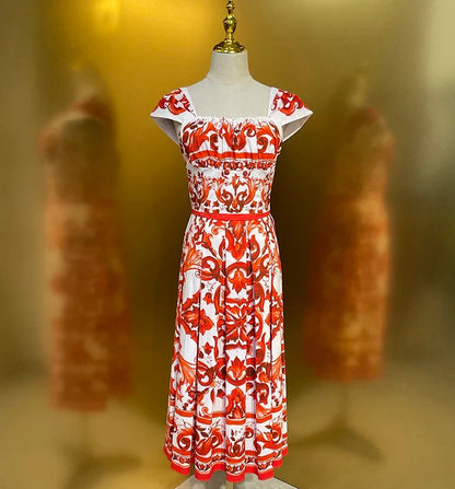 2026 Summer Women's New Fashionable Square Neck Short Sleeve Cotton Printed Waist cinching Mid length Dress