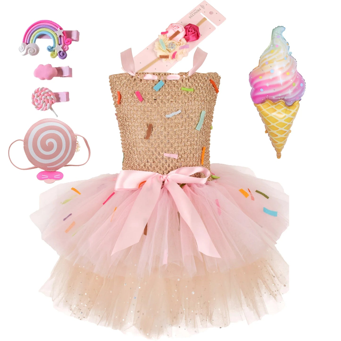 Sweet Ice Cream Candy-Themed Girls Dress for Kids Birthday Carnival Party Rainbow Tutu Children's Costume Wedding Outfits