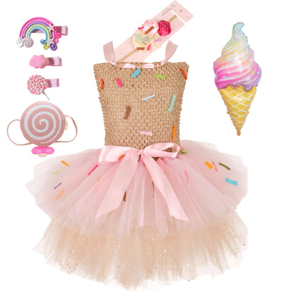 Sweet Ice Cream Candy-Themed Girls Dress for Kids Birthday Carnival Party Rainbow Tutu Children's Costume Wedding Outfits