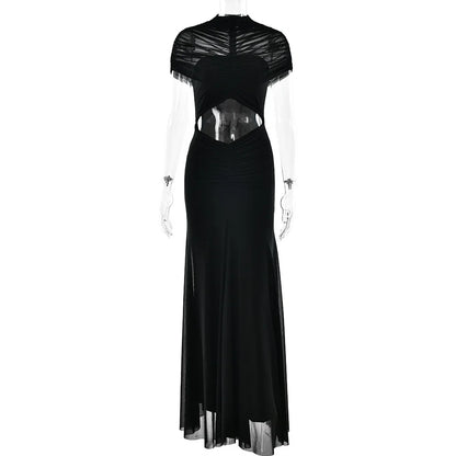 New Ruched Irregular Mesh Dress Women Patchwork High Neck Short Sleeve Hollow Out Long Dresses Female Party Maxi Dresses Outfits