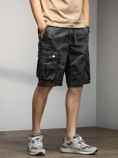 2024 Men's Shorts Camouflage Grey Summer Casual Elastic Waist Knee Length Camo Cargo Short Men Stretch Drawstring Cotton Bermuda