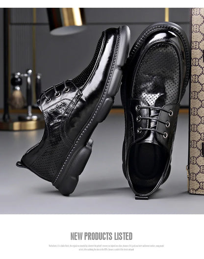Summer Hallow Cow Leather Shoes for Men Fashion Casual Black New Designer Dress Shoes Male Lace Breathable Platform Shoes Man