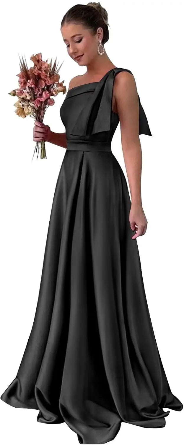 One Shoulder Large Bow Bridesmaid Dress with Pleated Satin and Pockets Simple ,Stylish Ball Dressadies' Guest One Shoulder Dress