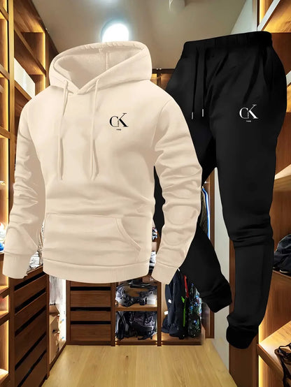 The 2025 men's printed hooded sweater and sports pants set with a casual grey pocket home wear is suitable for spring and autumn