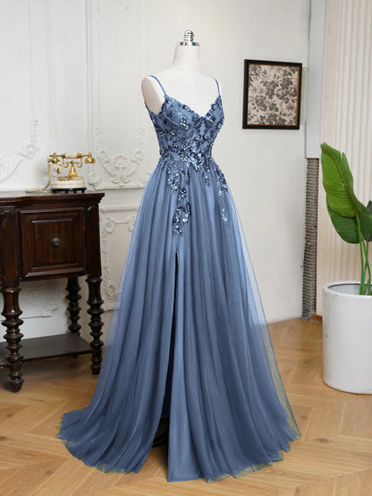 Sling Evening Dresses Sexy Spaghetti Straps V-Neck Illusion Sequins Appliques Prom Dress A-Line Train High Split Gowns