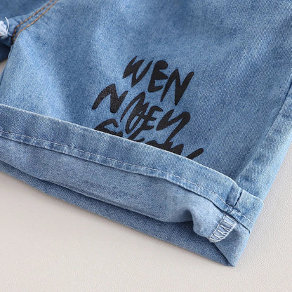 Summer New Boys' Short-Sleeved Set Boys' Casual Cartoon Dinosaur T-Shirt + Casual Denim Shorts Children's Cute Comfort Clothes