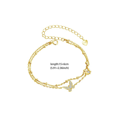 Womens Double-Layer Butterfly Bracelet 925 Sterling Silver CZ Layered Bracelet Dainty Beaded Chain Adjustable 5.9"+2.3"