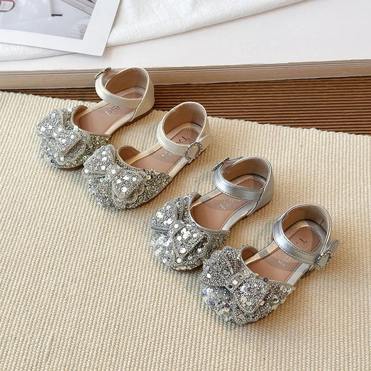 Faux Gemstones Shoes for Kids Girls Shining Crystal Girls Dress Shoes for Party and Wedding Bowtie Children Girl Sandals I04204