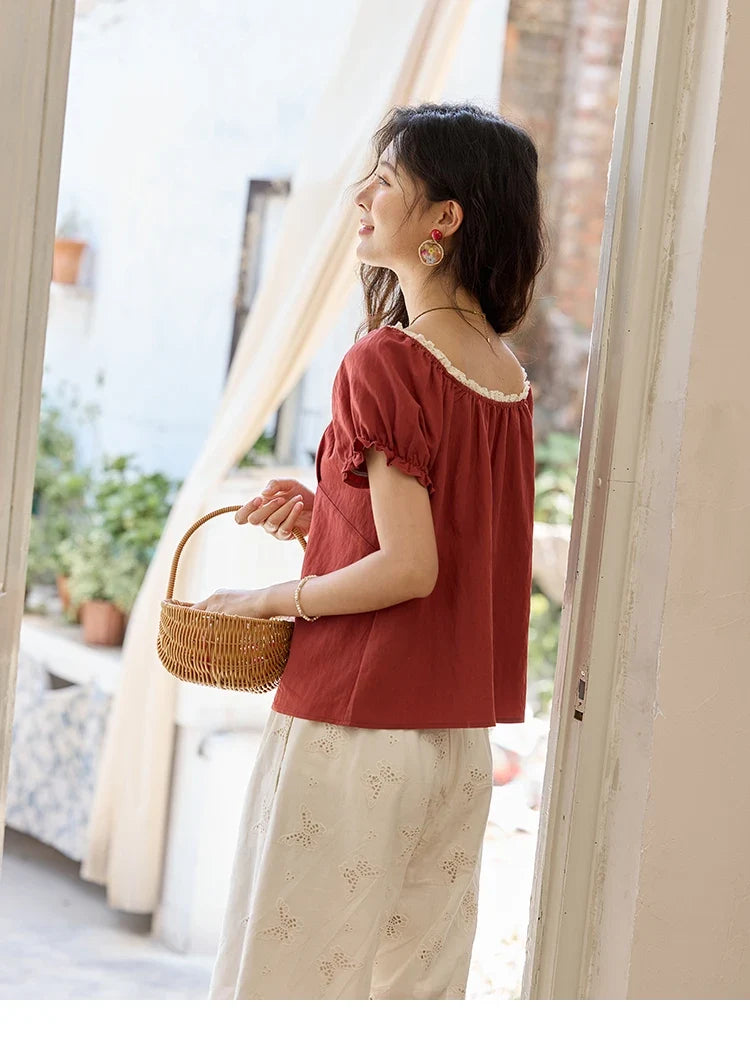 French Summer Shirts for Women 2025 Short Puff Sleeve Lace Colla Slimming Blouses Female Sweet Fashion New MXE35X1827