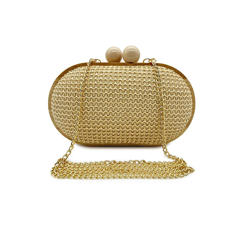 fashion Oval PP straw clutch bag for women wooden clip Handbags elegant weave summer beach bag trend shoulder crossbody bags