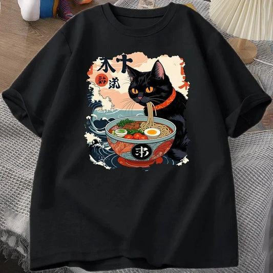 Kawaii Cat Anime Tshirt Ramen Japanese Funny Graphic Tee Kawaii Noodle Cat Tee Shirt Women Short Sleeve T-shirt Harajuku Clothes